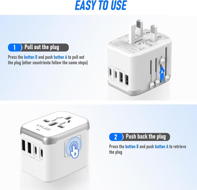 VYLEE Universal International Power Travel Plug Adapter, 5 in 1 European Travel Plug Adapter W/ 3.5A 2xUSB-A and 2xUSB C Wall Charger and Worldwide AC Outlet for Europe USA UK AUS Asia (White Grey) - Image 4